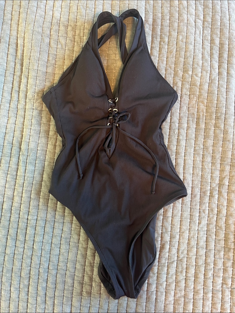 BECCA Black Ribbed One-Piece Swimsuit with Front Lace-Up